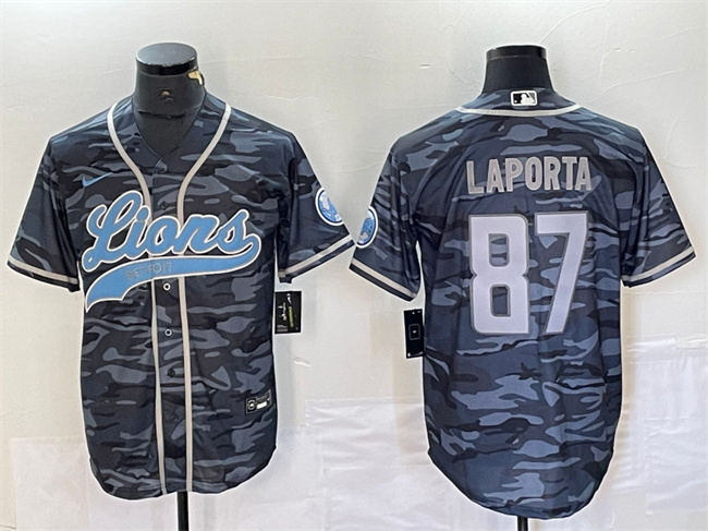 Men's Detroit Lions #87 Sam LaPorta Gray Camo Cool Base Stitched Baseball Jersey